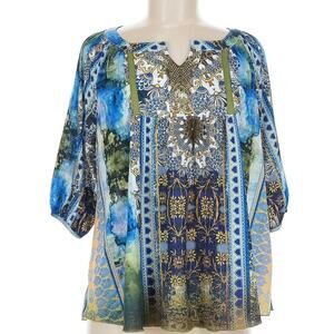 Y2K One World Blouse Size S Boho Fairy Grunge Peasant Blouse Blue Green Hippie